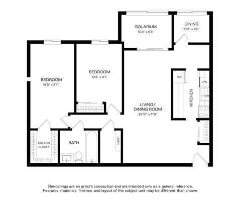 Floor plan for 2 beds, 1 bath, 1066 sqft